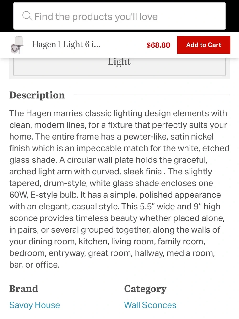 Savoy House Brushed Nickel Wall Sconce with White Glass Shade